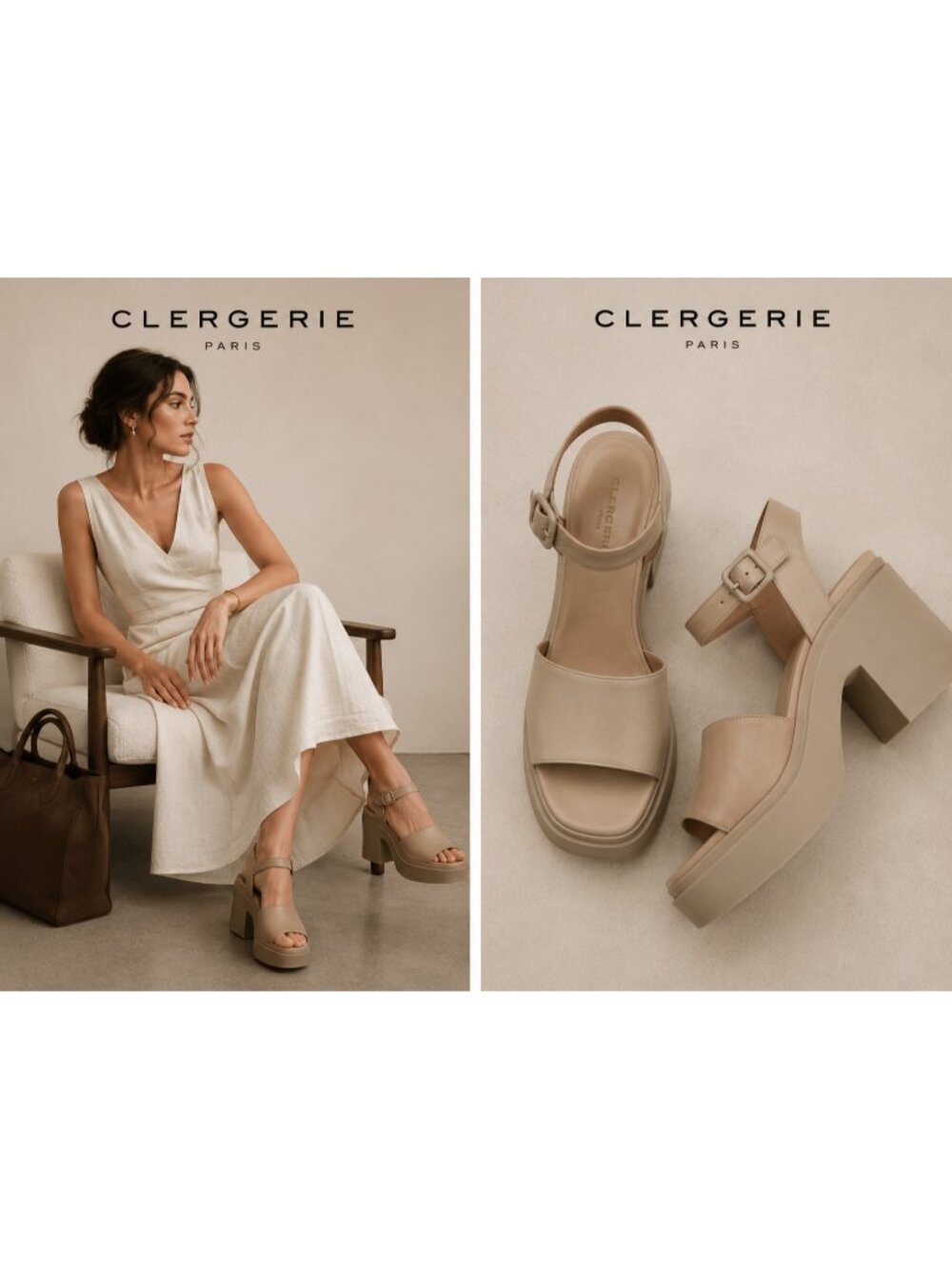 CLERGERIE Paris Beige Leather Platform Block Heel Sandals EU 39/ 9 US